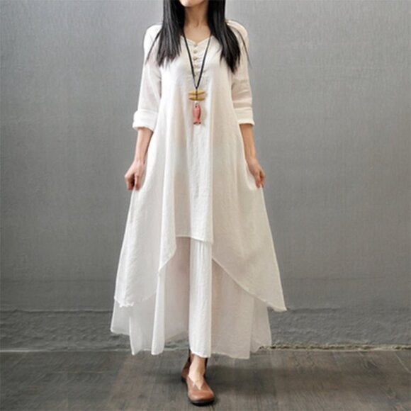 DEPENDING ON THE HORIZON WHITE BOHEMIAN FLOWY SIZE M MAXI HANDKERCHIEF DRESS - Picture 2 of 2